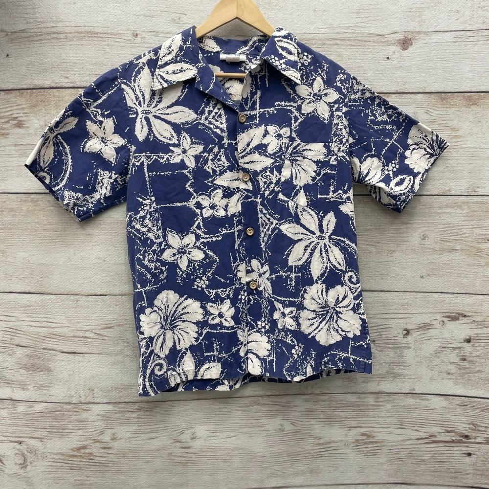 Moana Hawaii Vintage Blue Floral Hawaiian‎ Short Sleeve Button Up Shirt Men M